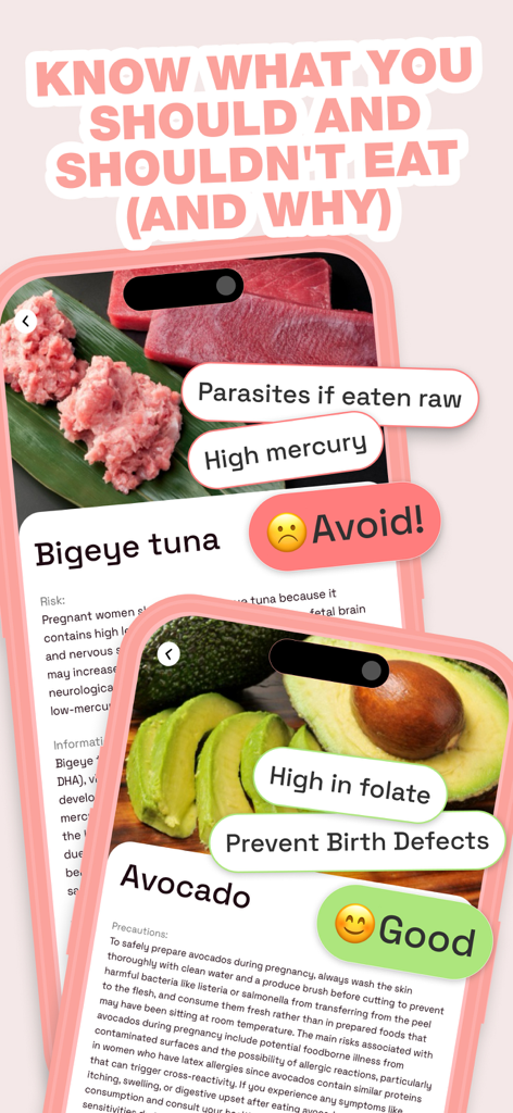 Pregnancy AI Food Companion - Screenshot da aplicação Pregnancy AI Food Companion mostrando atum de olho grande como um alimento a evitar e abacate como uma boa escolha alimentar para mulheres grávidas.