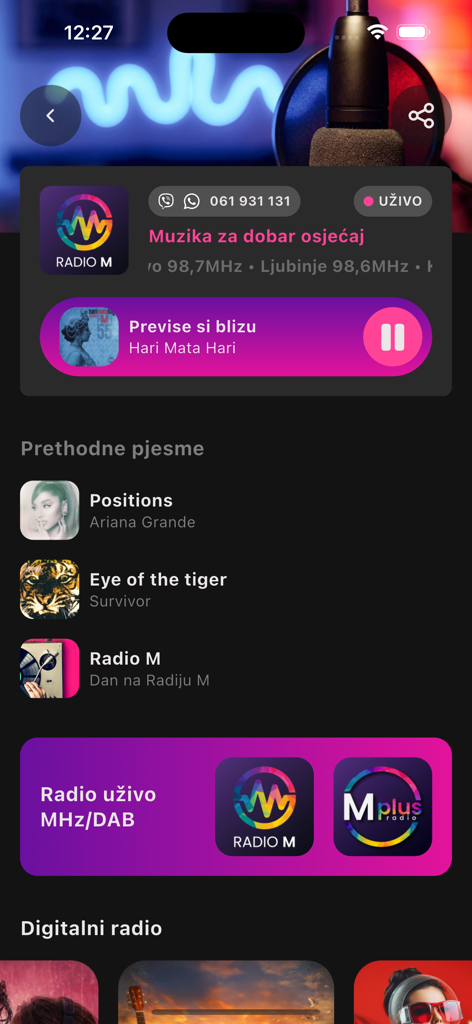 Radio M - Radio M app interface showing live music player and history of recently played songs