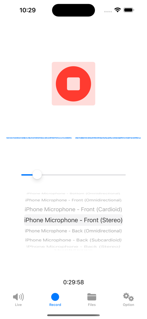 Stereo Microphone - Interface do aplicativo Microfone Estéreo mostrando uma sessão de gravação com entrada estéreo frontal selecionada.