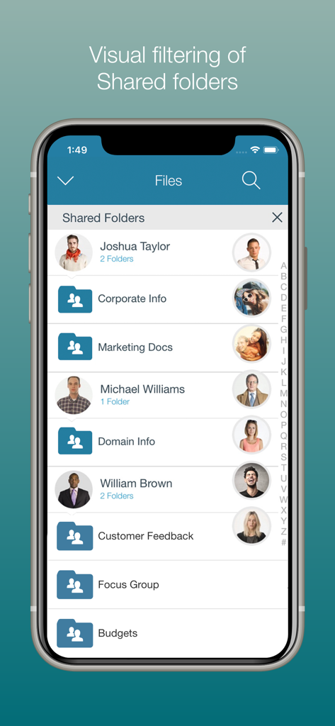 Syncplicity mobile app screen showing visual filtering of shared folders with contact photos and folder names