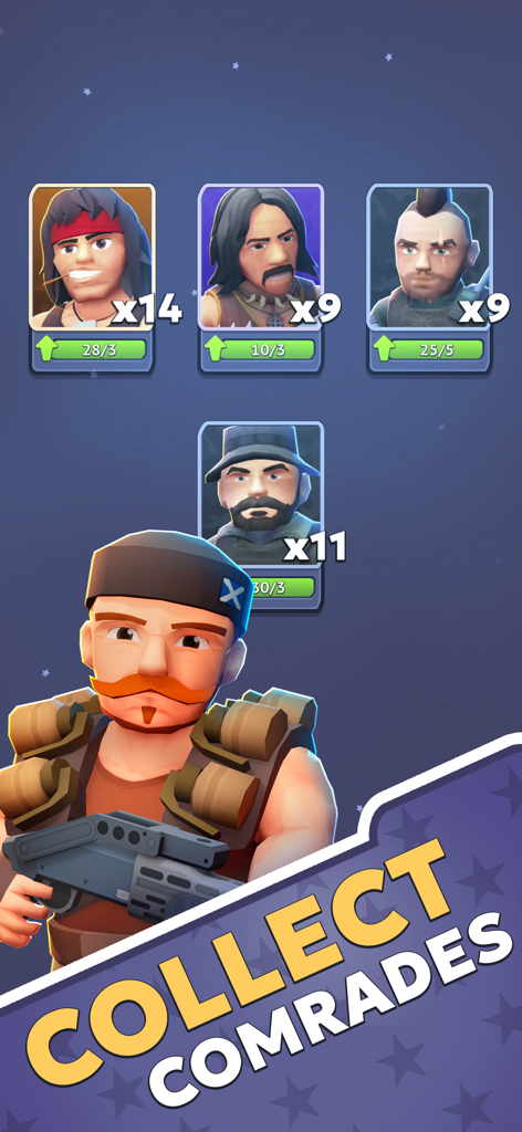 SWAT 2: Hero Squad - Schermata di selezione del personaggio in SWAT 2 Hero Squad che mostra varie carte agente potenziabili e il testo Raccogli Compagni.