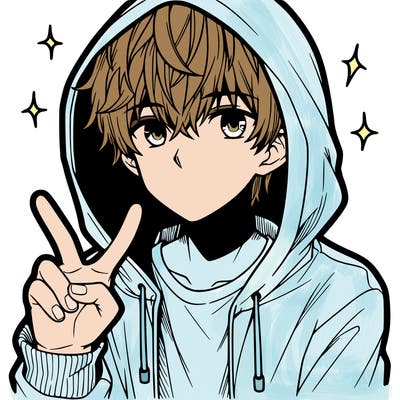 teenage manga boy in a hoodie, doing ✌