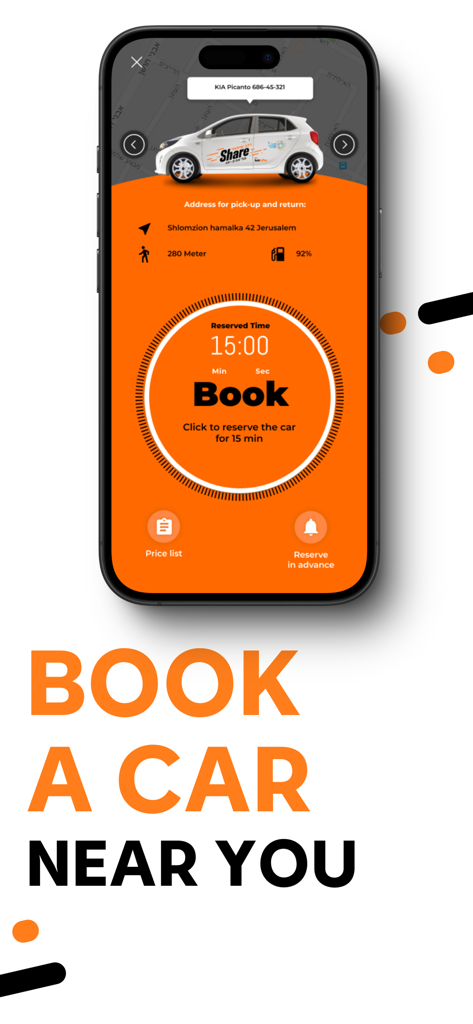 Interface de l'application d'autopartage Share Israël montrant un écran de réservation de véhicule avec des détails de localisation et de carburant