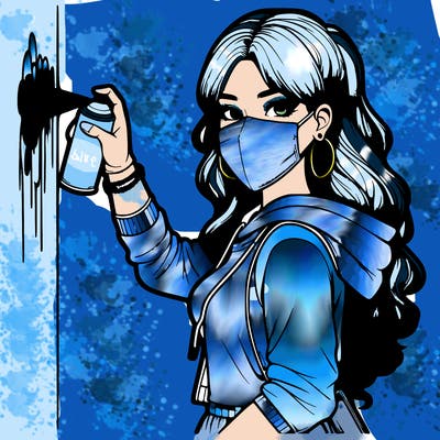 realistic girl with mask spray painting a wall