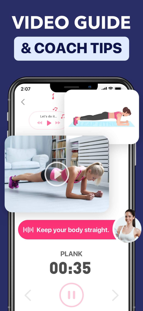 Mobile app interface showing a video workout guide and coaching tips for a plank exercise