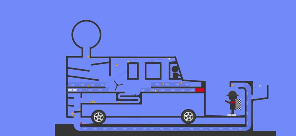 Una pista digital de carreras de canicas diseñada dentro de un autobús azul con varias piezas mecánicas.