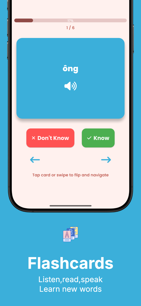 Learn Vietnamese For Beginners - Vietnamese language learning flashcard screen showing a word with audio and knowledge buttons