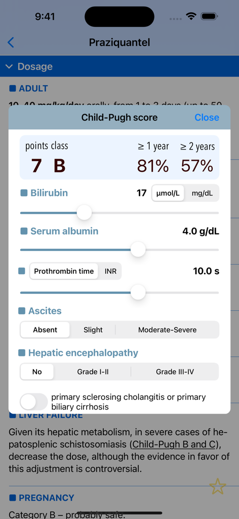 Mensa Guide - Clinical calculator for Child-Pugh score assessment within the Mensa Guide medical app.
