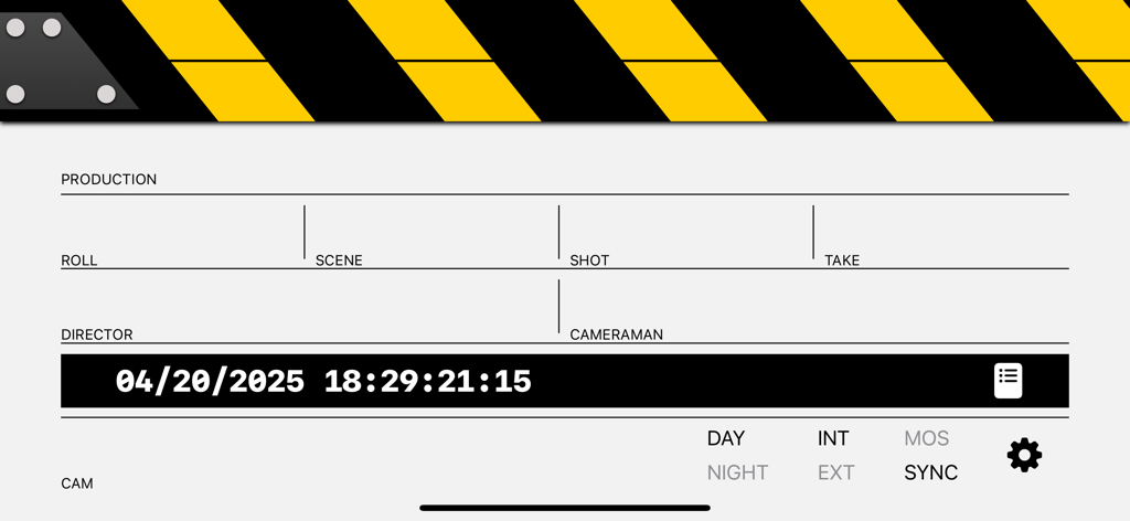 ClapperBoard - Scene Tracker - Digital clapperboard interface for film production showing scene shot and take details
