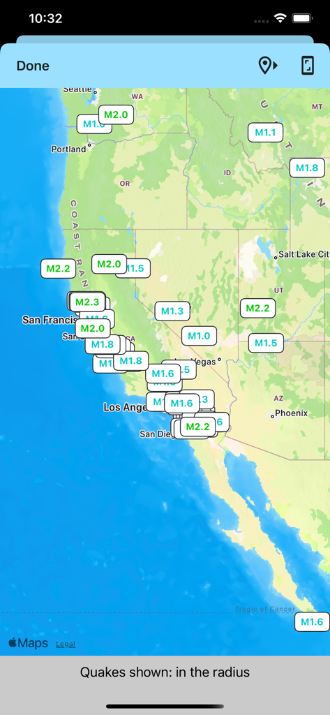 Earthquake Network app displaying real time seismic activity on a map of the Western United States