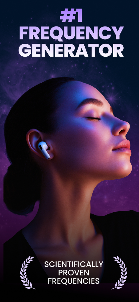 Frequency Generator: HZ - Mujer con auriculares y ojos cerrados contra un fondo cósmico para la promoción de la aplicación Frequency Generator HZ con frecuencias científicamente probadas
