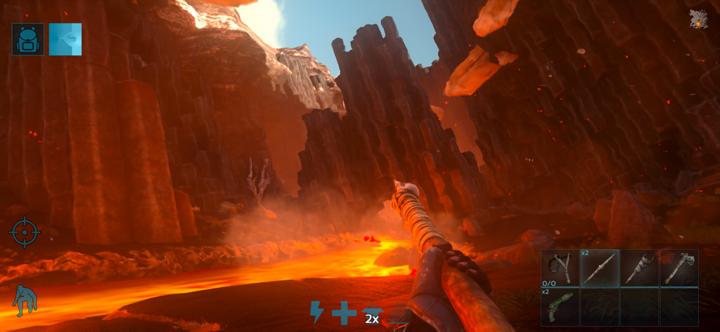 Captura de tela de jogabilidade em primeira pessoa de ARK Ultimate Mobile Edition apresentando uma paisagem vulcânica com lava corrente e ferramentas primitivas