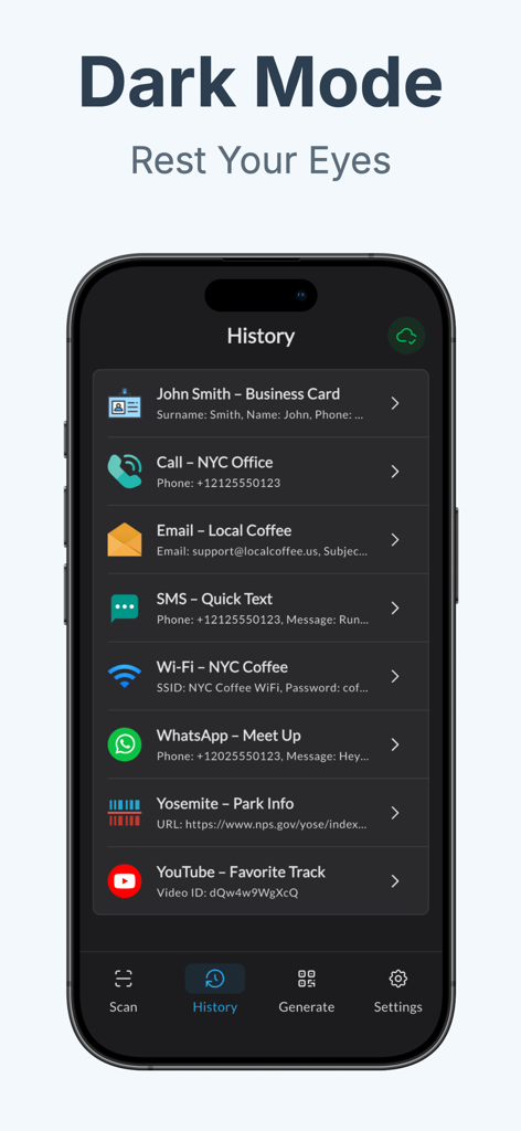 QRBot: Reader & Maker - QRBot-App-Oberfläche zeigt eine Liste der gescannten QR-Code-Historie im Dunkelmodus