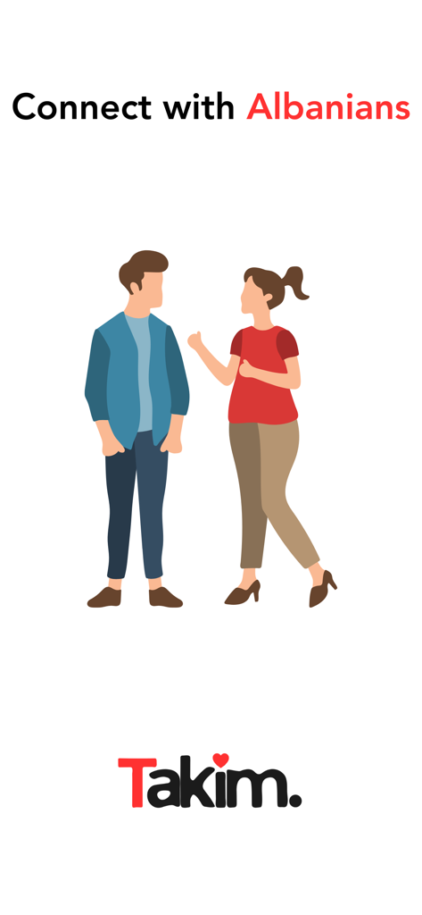 男性と女性が「Connect with Albanians」というテキストとTakimロゴとともに話しているイラスト