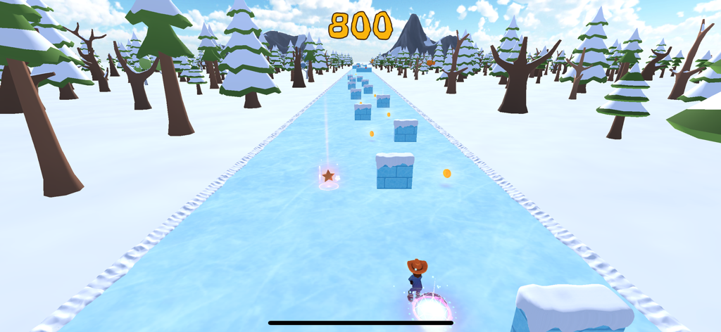 Dangleverse - Gameplay of Dangleverse Odd Man Rush showing a character skating on a frozen river avoiding ice blocks