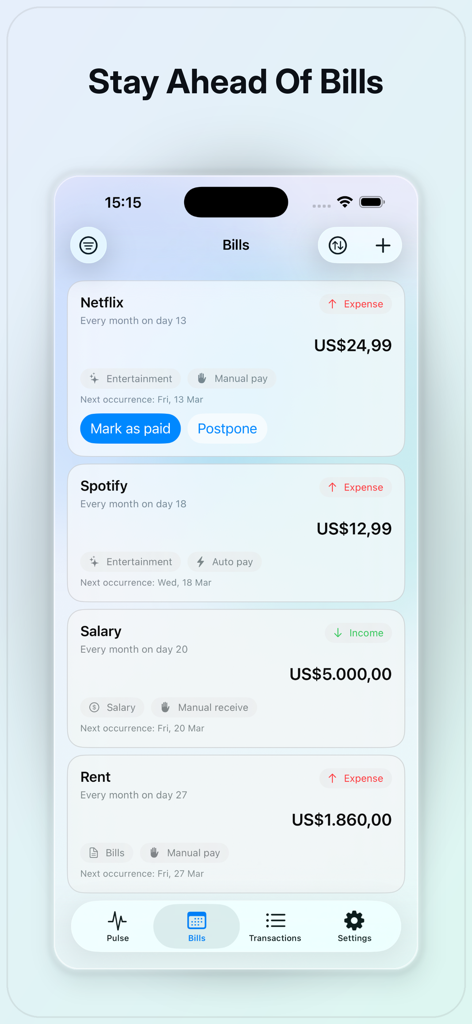 Spending Pulse - Money Tracker - Spending Pulse app interface showing a list of recurring bills and income like Netflix and Salary
