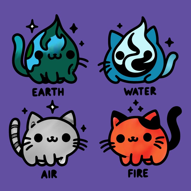 4 cats that represent the different elements, earth, water, air, and fire