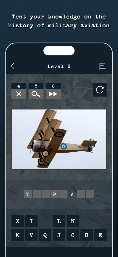 Guess the Military Aircraft - Gameplay screen of a military aviation trivia game featuring a World War I triplane