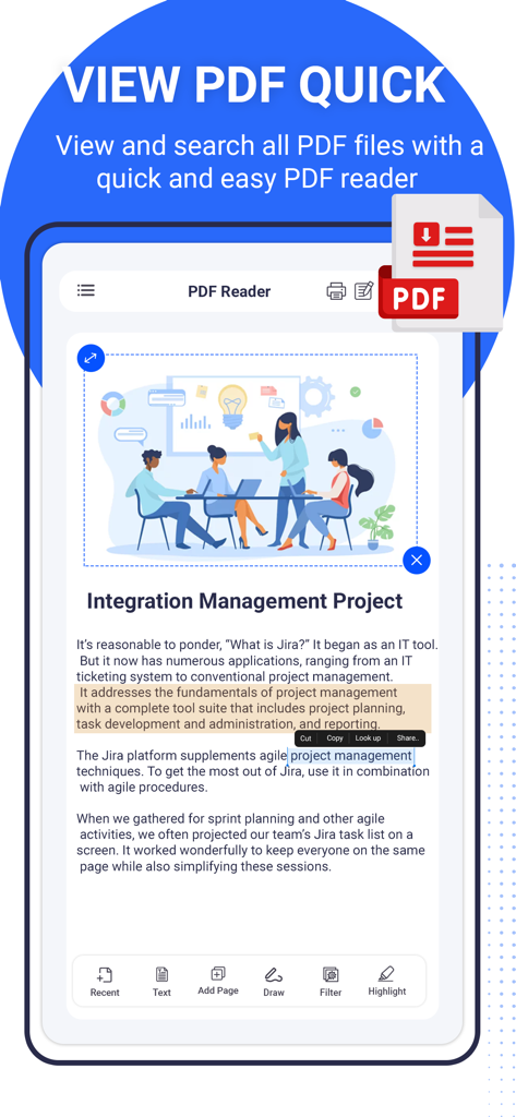 PDF Editors - Tela do iPhone exibindo o aplicativo Editores de PDF visualizando um documento intitulado "Projeto de Gerenciamento de Integração" com realce de texto e ferramentas de edição.