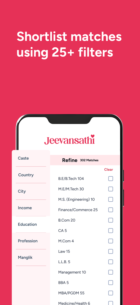 Jeevansathi app screen showing advanced search filters for education caste and profession