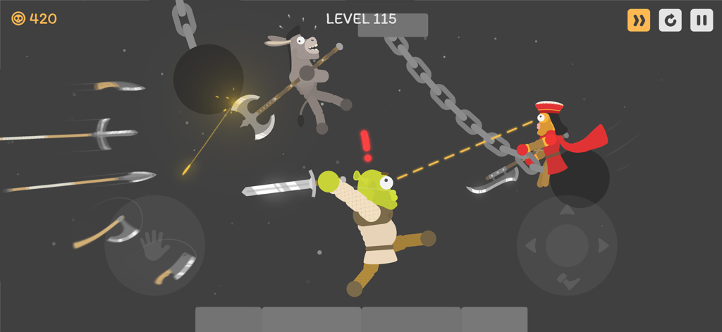 Ragdoll Hit:Wild puppet battle - A chaotic action sequence in Ragdoll Hit showing characters with custom skins battling with weapons using ragdoll physics.