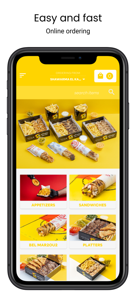 King Fadi - King Fadi app screen showing menu categories for Mediterranean food like shawarma and platters