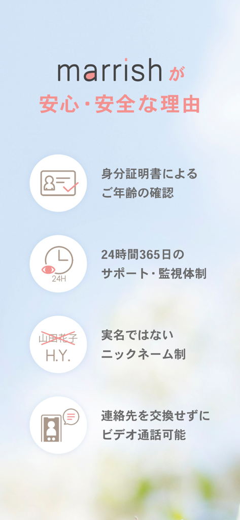マリッシュ婚活アプリの安全性機能。本人確認と24時間365日の監視を含む。