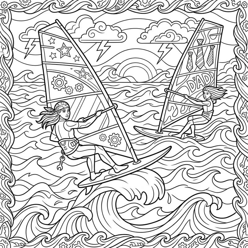 Ride the waves into Father's Day with this exciting windsurfing coloring page, specially designed to celebrate Dads who love adventure. It’s a perfect way to show appreciation with a personalized, hand-colored gift.