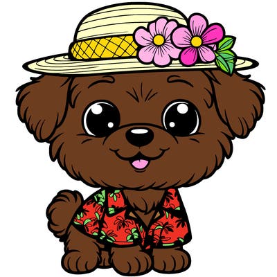 a cute dog with an hawaiian outfit realistic