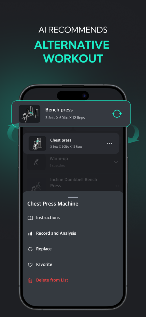 Planfit app interface showing AI recommending an alternative exercise for a busy gym machine