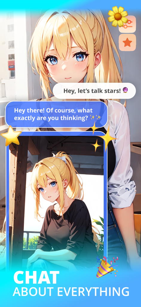 AI Girlfriend Roleplay: AVA - Pantalla de chat interactiva con una compañera de IA estilo anime en la aplicación AVA
