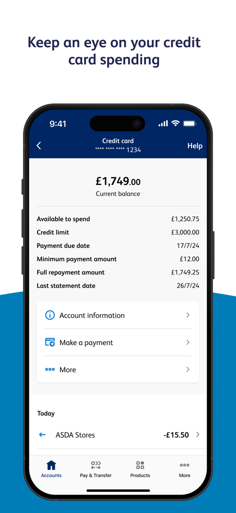 Tela do aplicativo móvel Co-operative Bank mostrando o saldo do cartão de crédito e os detalhes de pagamento
