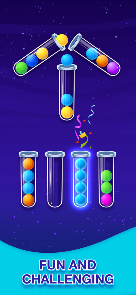 Sort Puzzle: Fun Ball - A colorful mobile puzzle game screen showing balls sorted into glass tubes with celebratory confetti.