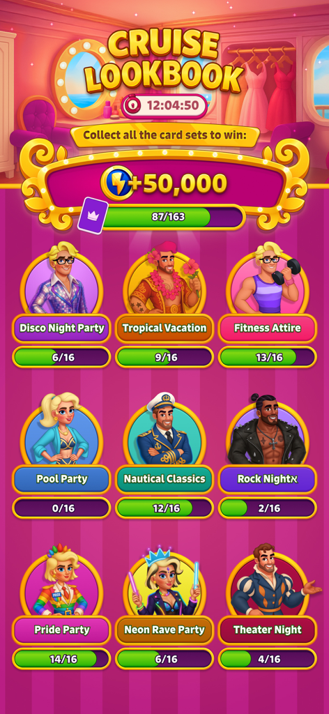 Cruise Lookbook interface showing character outfit card sets to collect for rewards