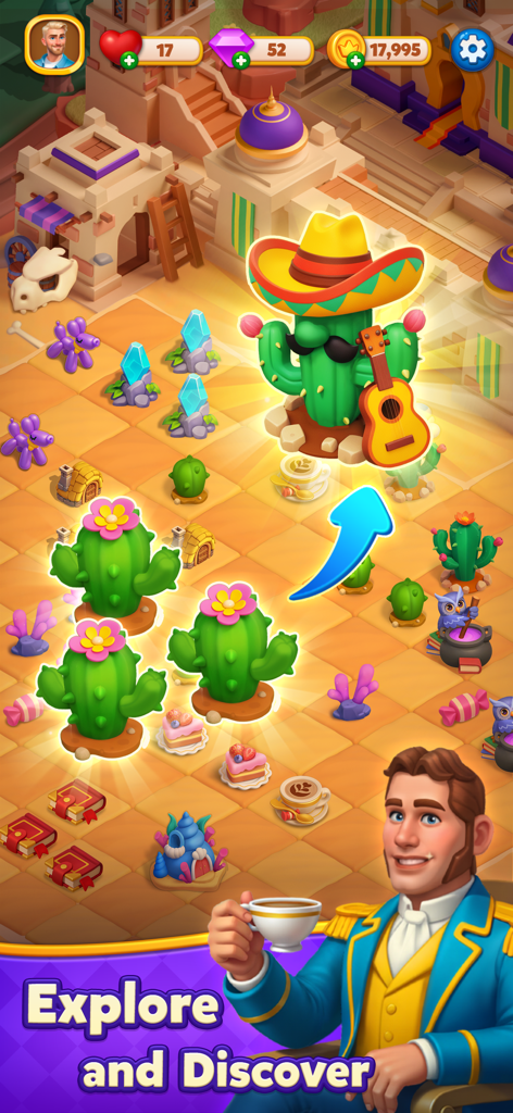 Merge Tile: Match & Merge - Merge Tile puzzle game screen showing cactus character merging and explore and discover text