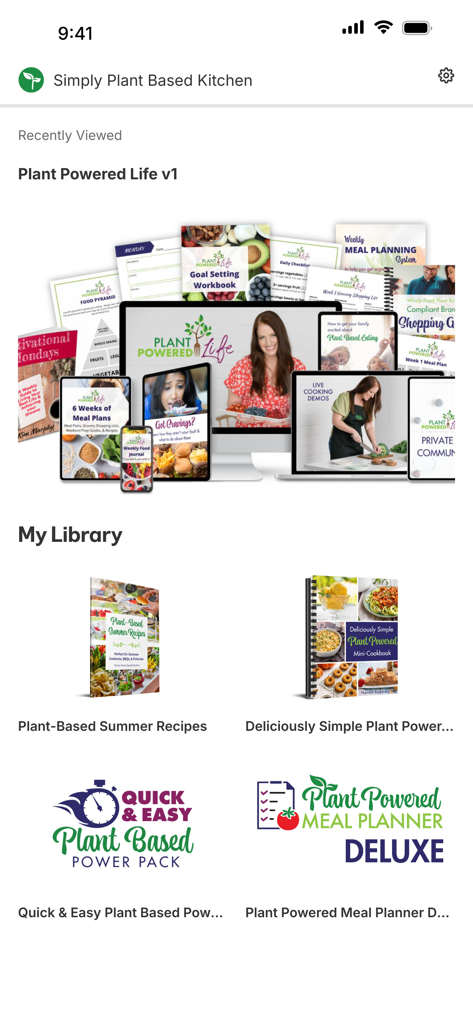 Simply Plant Based Kitchen app library displaying recipe books and meal planners