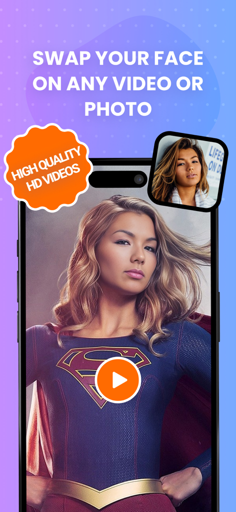 AI Face Swap Video Generator - AI Face Swap Video Generator app screenshot showing a woman's face swapped onto a superhero character