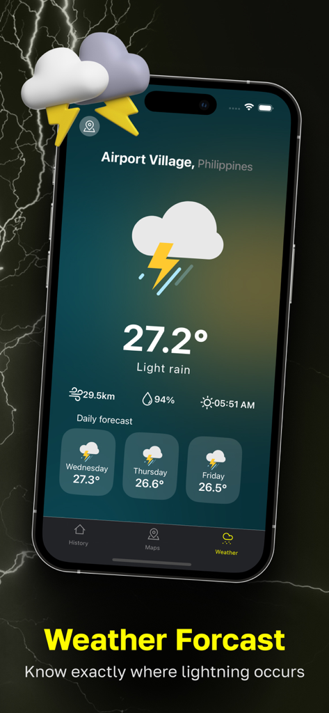 Pantalla de la aplicación de iPhone que muestra un pronóstico meteorológico detallado con rastreo de rayos en tiempo real y actualizaciones diarias de tormentas