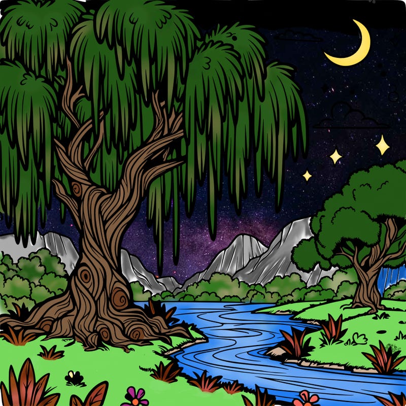 fantasy landscape with weeping willow tree