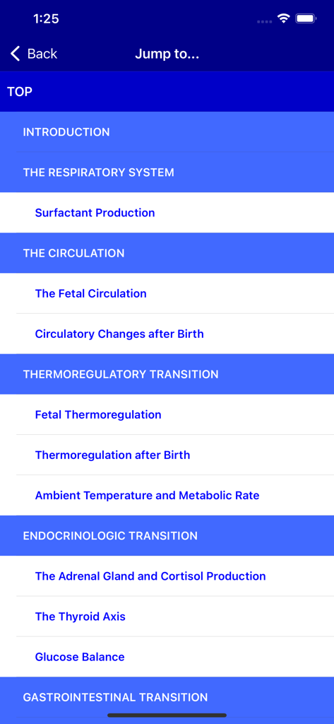 Rudolph's Pediatrics, 23/E - A list of medical chapters in the Rudolphs Pediatrics app navigation menu showing topics like the respiratory system and circulation.