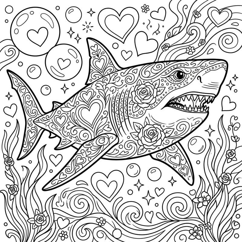 Celebrate Valentine's Day with a surprising twist! This unique coloring page features a formidable Megalodon shark adorned with intricate hearts and roses, set in a whimsical ocean full of love.