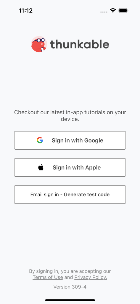 Pantalla de inicio de sesión para la aplicación Thunkable Live con opciones de inicio de sesión de Google y Apple