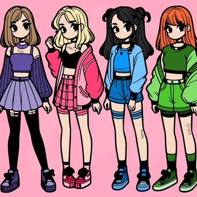 one girl with crop-top shirt and a jacket with a skirt, long socks and another girl with a shirt and pants with a jacket