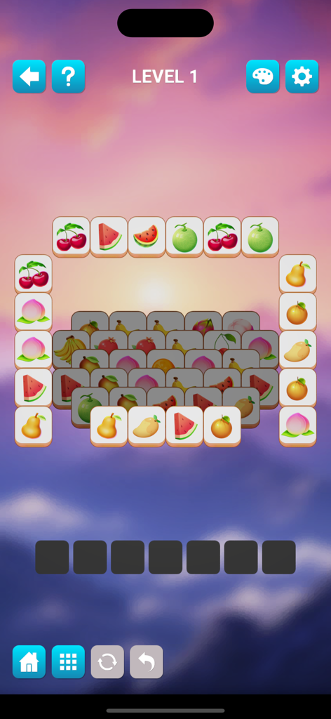Puzzledom 3D - Gameplay screenshot of the Tile Match puzzle in Puzzledom 3D showing fruit tiles on a minimalist background.