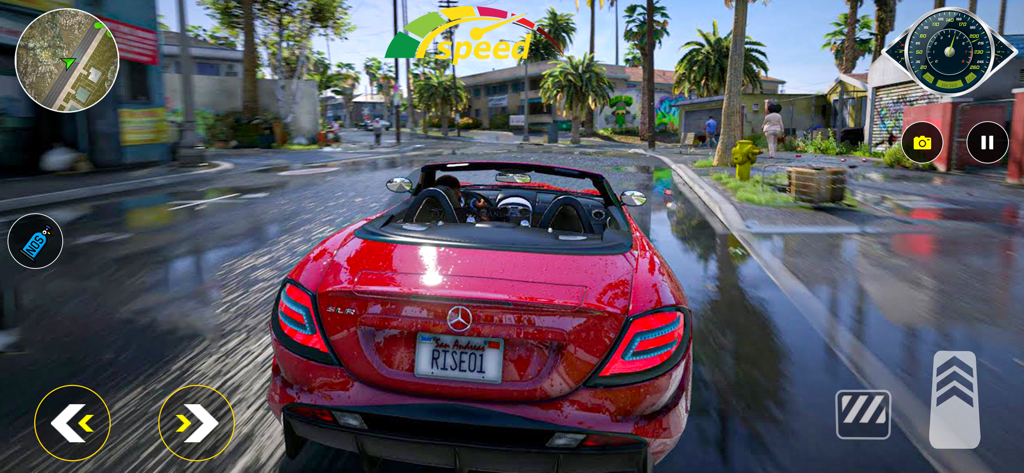 Real Highway Car Driving game - Visão em terceira pessoa de um carro esportivo conversível vermelho dirigindo por uma rua urbana em um jogo simulador de direção realista.