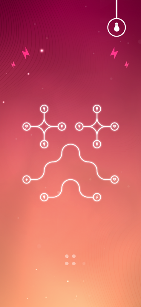 電球と稲妻を接続する光る白い線が表示されたミニマルなパズルインターフェース