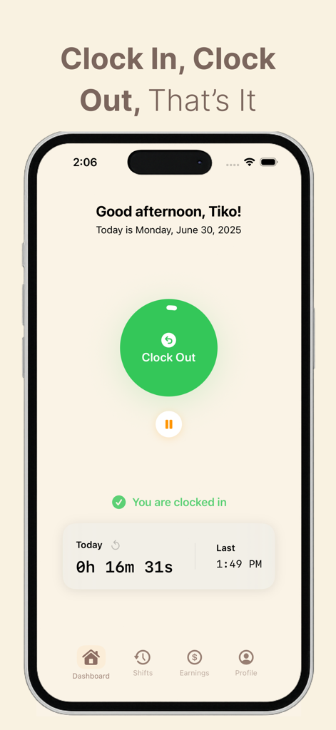 Timely - Track Your Hours - Die Timely App-Oberfläche mit einem einfachen grünen Ausstempeln-Button und einem Live-Schicht-Timer.