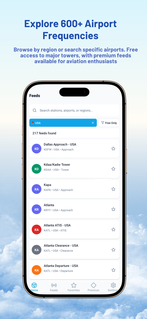 ATC Air Traffic Control - Mobile app interface showing a list of live air traffic control frequencies for US airports