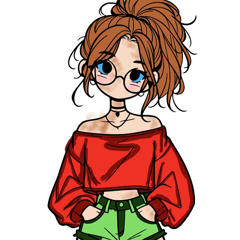 girl with a messy ponytail glasses a baggy crop top and jean shorts