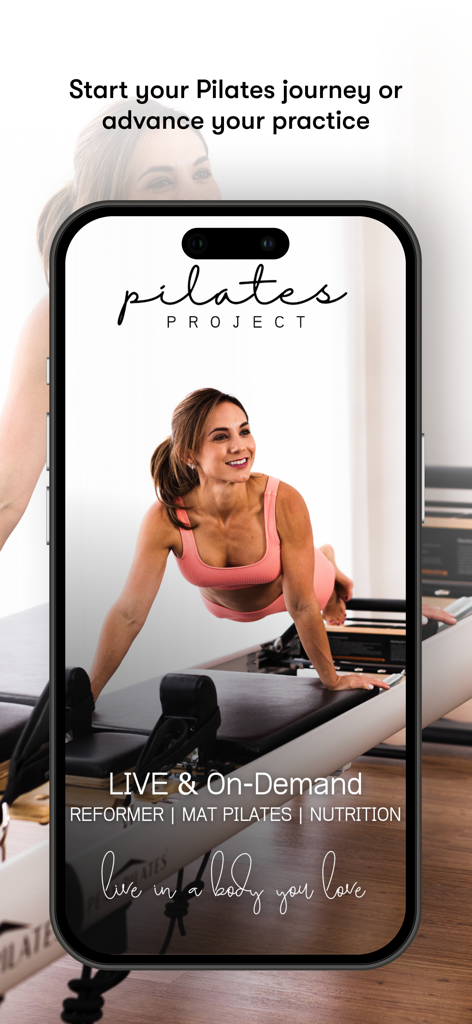 Pilates Project - Una mujer realizando un entrenamiento de reformer pilates en la aplicación Pilates Project.
